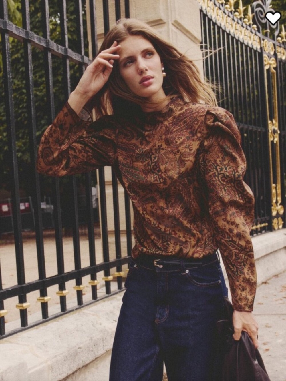 H&M Brown Paisley Puff-Sleeve Blouse
